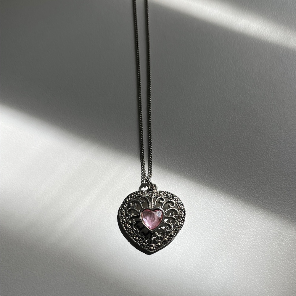 3 for $15 Silver Heart Pendant Necklace with Pink Stone